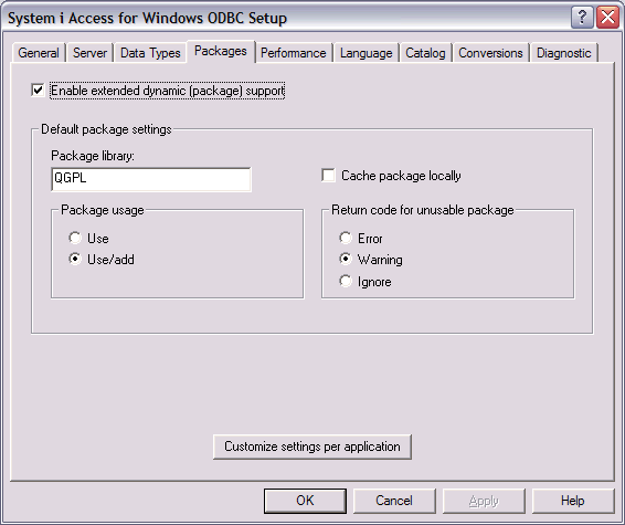 System i Access for Windows data source open  to the Package tab