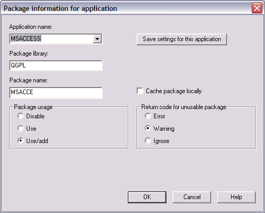 Package information for application window from the System i Access for Windows data source editor