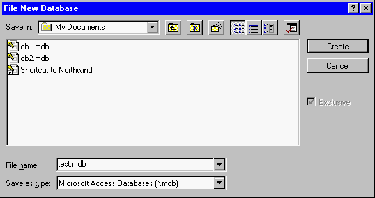 Microsoft Access 7 screenshot of giving the new, blank database file a name.