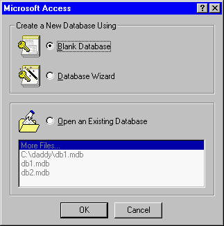 Microsoft Access 7 screeshot of creating a new, blank database.