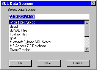Microsoft Access 7 screenshot of SQL Data Sources or ODBC datasources to select a datasource.