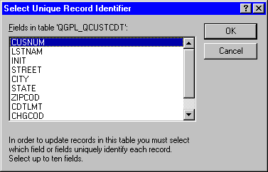 Microsoft Access 7 prompt to select a unique key if the table you select doesn't already have one.